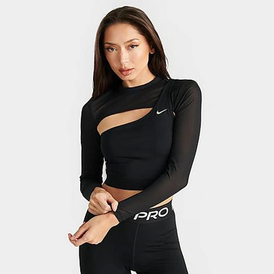 Shop Nike Women's Pro Long-sleeve Crop Top In Black/black/light Lemon Twist