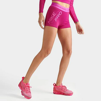 Shop Nike Women's Pro Dri-fit Mid-rise 3 Inch Graphic Shorts In Fireberry/laser Fuchsia