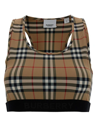 Shop Burberry Beige Sports Bra With Vintage Check Motif In Jersey Woman