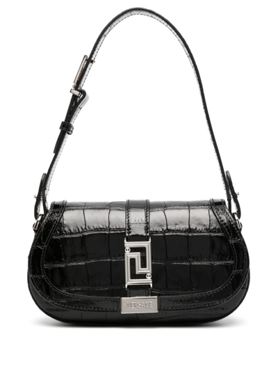 Shop Versace Black Greca Goddess Croc-embossed Leather Shoulder Bag