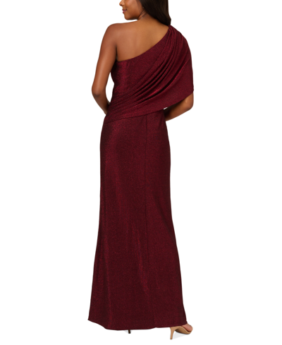 Shop Adrianna Papell Women's Metallic Draped One-shoulder Gown In Dark Ruby
