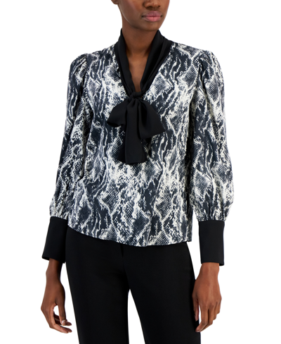 Shop Anne Klein Women's Contrast-trimmed Printed Satin Bow Blouse In Anne White,anne Black
