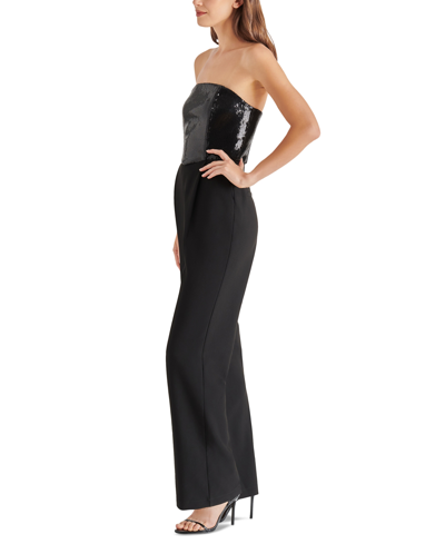 Shop Steve Madden Women's Riki Strapless Sequin-bustier Wide-leg Jumpsuit In Black