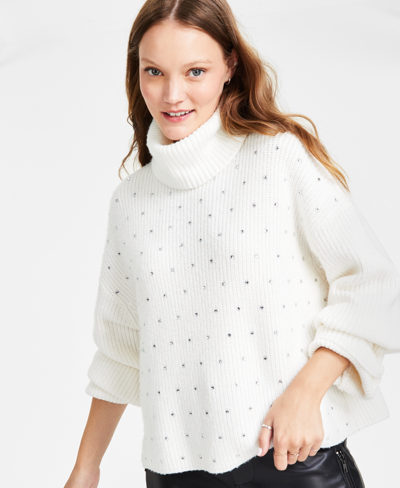Shop Steve Madden Women's Astro Embellished Turtleneck Sweater In Whisper White