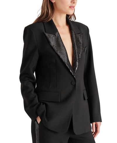 Shop Steve Madden Women's Misha Sequin-trim One-button Blazer In Black