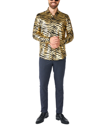 Shop Opposuits Men's Long-sleeve Tiger-print Shirt In Gold