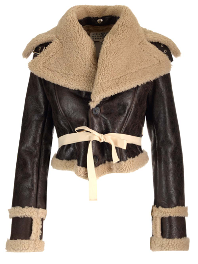 Shop Mm6 Maison Margiela Lamb Leather Cropped Jacket In Brown