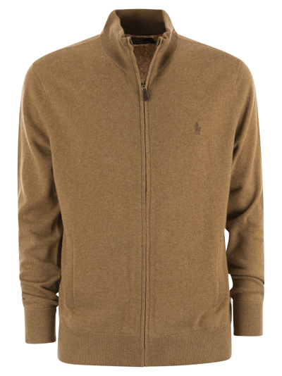 Shop Polo Ralph Lauren Wool Sweater With Zip In Camel