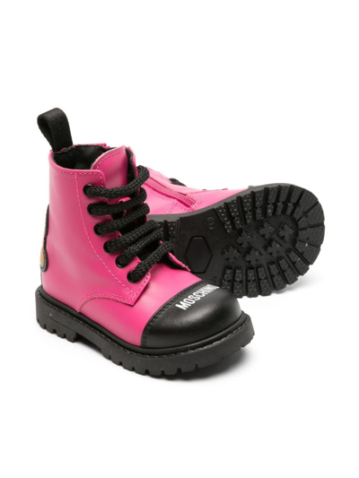 Shop Moschino Combat Boots With Teddy Application In Fucsia