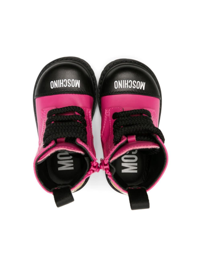 Shop Moschino Combat Boots With Teddy Application In Fucsia