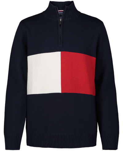 Shop Tommy Hilfiger Big Boys Exploded Flag Long Sleeve Quarter Zip Sweater In Navy Blazer