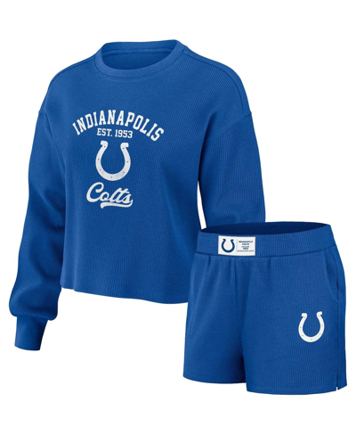 Shop Wear By Erin Andrews Women's  Royal Distressed Indianapolis Colts Waffle Knit Long Sleeve T-shirt And