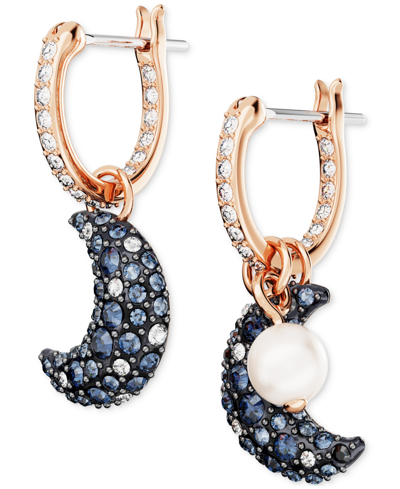 Shop Swarovski Rose Gold-tone Pave Crescent Moon & Imitation Pearl Mismatch Charm Hoop Earrings In Multicolored