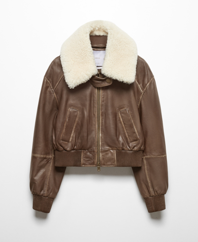 Shop Mango Women's Shearling Collar Leather Bomber Jacket In Brown