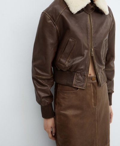 Shop Mango Women's Shearling Collar Leather Bomber Jacket In Brown