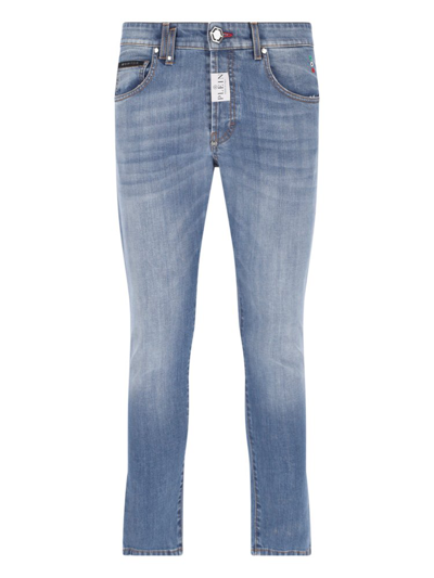 Shop Philipp Plein Logo Patch Skinny Cut Jeans In Blue