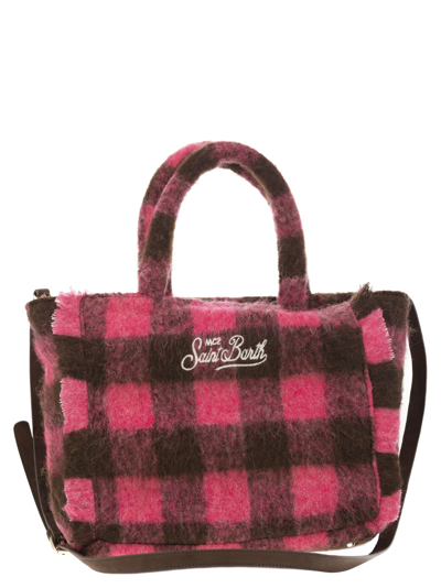 Shop Mc2 Saint Barth Wooly Colette Handbag With Fringes And Check Pattern In Fuxia/brown