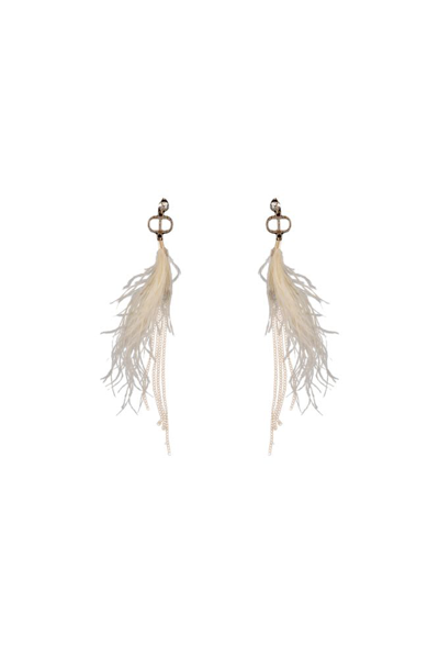 Shop Twinset Earrings With Feathers And Chains In Neve