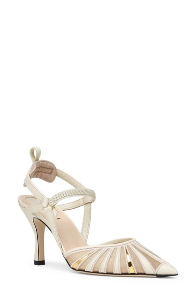 Fendi Leather And Mesh High-heeled Slingbacks In Cream Gold