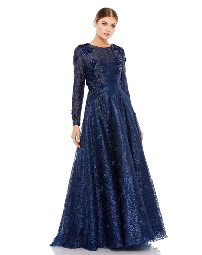 Shop Mac Duggal Embellished Illusion Long Sleeve A Line Gown In Blue