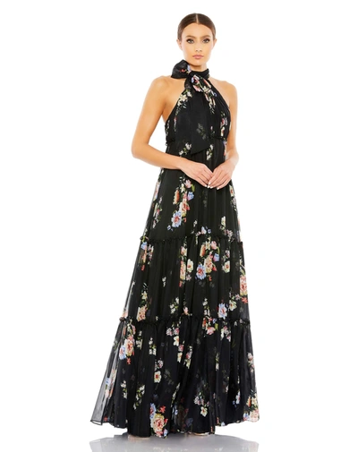 Shop Ieena For Mac Duggal Floral Print Ruched Tiered High Neck Bow Gown In Multi