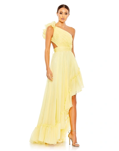 Shop Mac Duggal Ruffled One Shoulder Asymmetrical Gown In Yellow