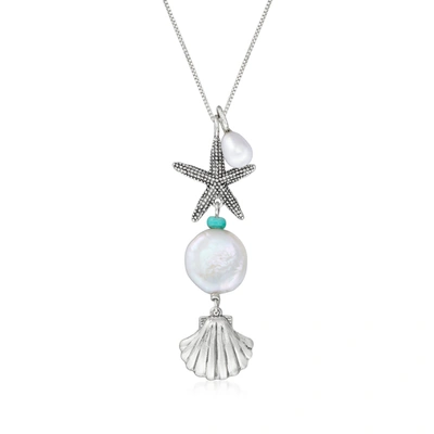 Shop Ross-simons 6-6.5mm And 14mm Cultured Pearl And Simulated Turquoise Sea Life Y-necklace In Sterling Silver In Blue