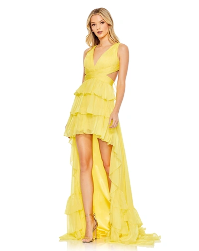 Shop Mac Duggal Ruffle Tiered Cross Over High Low Gown In Yellow