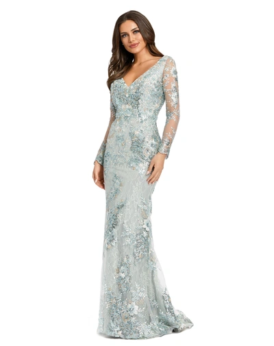 Shop Mac Duggal Embellished V Neck Illusion Long Sleeve Gown In Multi