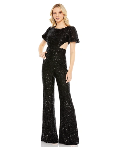 Shop Ieena For Mac Duggal Sequined Puff Shoulder Illusion Cut Out Jumpsuit In Black