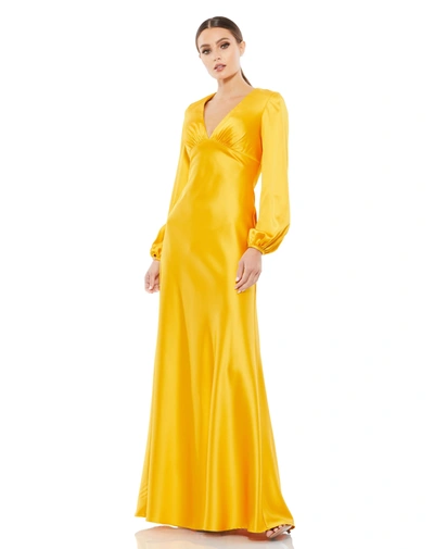 Shop Ieena For Mac Duggal Charmeuse Empire Waist Blouson Sleeve Gown In Gold