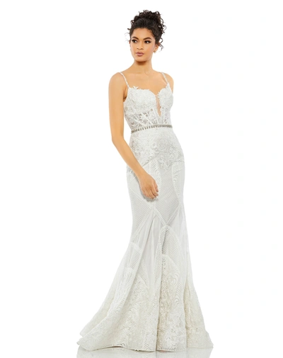 Shop Mac Duggal Embroidered Sleeveless Plunge Neck Trumpet Gown In Multi