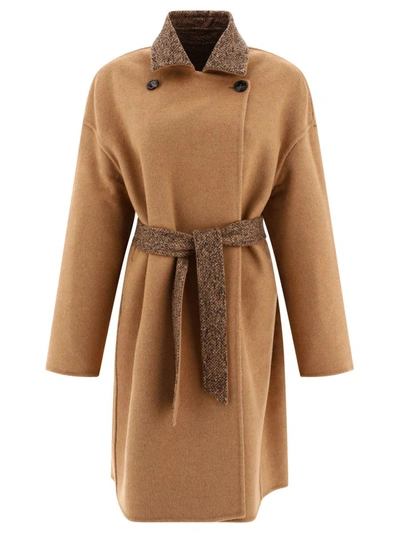 Shop Max Mara Atelier "evelin" Reversible Camel And Wool Coat In Brown