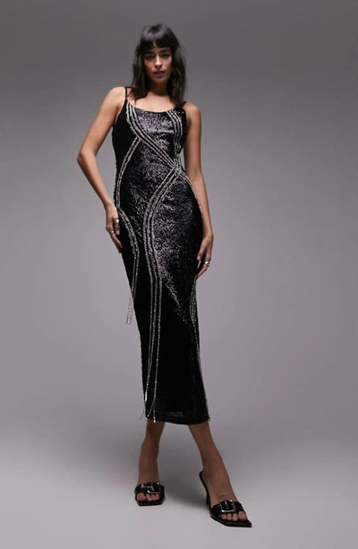 Shop Topshop Rhinestone Embellished Sequin Midi Dress In Black