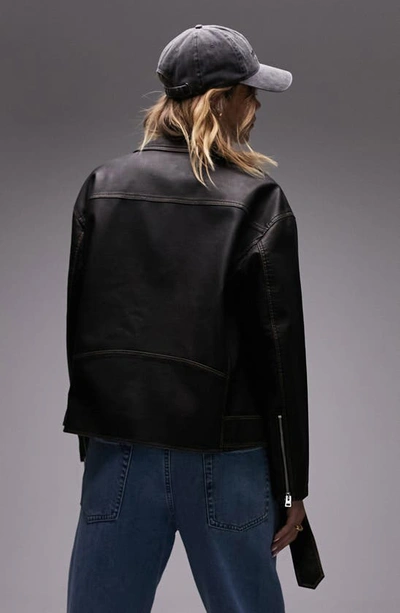 Shop Topshop Oversize Faux Leather Biker Jacket In Brown