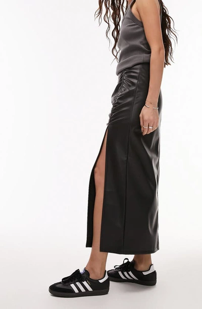 Shop Topshop Side Ruched Faux Leather Midi Skirt In Black