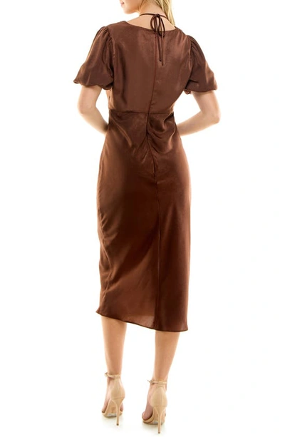 Shop Socialite Puff Sleeve Hammered Satin Dress In Chocolate Brown
