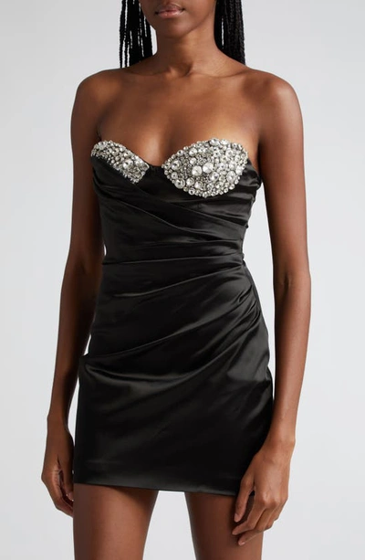 Shop Area Crystal Cup Ruched Strapless Satin Minidress In Black