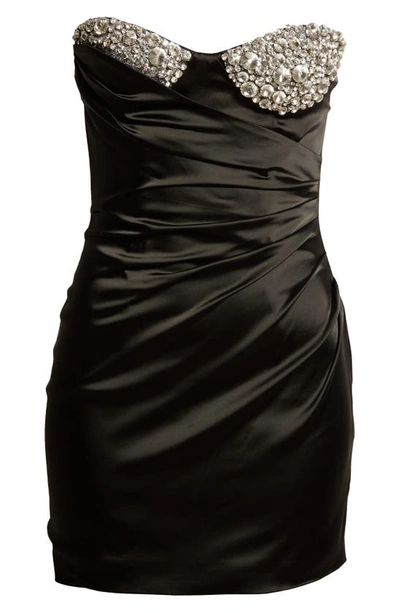 Shop Area Crystal Cup Ruched Strapless Satin Minidress In Black