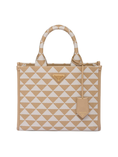 Shop Prada Women's Small Symbole Embroidered Fabric Handbag In Beige