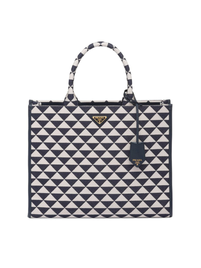 Shop Prada Women's Large Symbole Embroidered Fabric Handbag In Blue