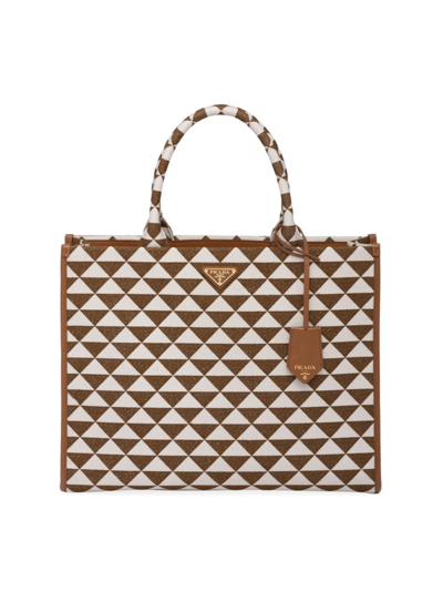 Shop Prada Women's Large Symbole Embroidered Fabric Handbag In Brown