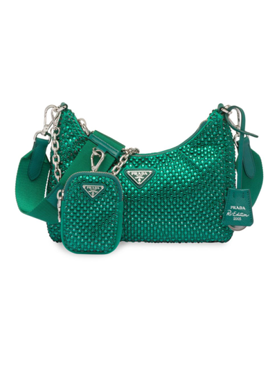 Shop Prada Women's Re-edition 2005 Satin Bag With Crystals In Green