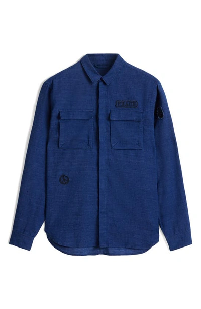 Shop John Varvatos Freddy Linen Blend Military Overshirt In Dusted Blue