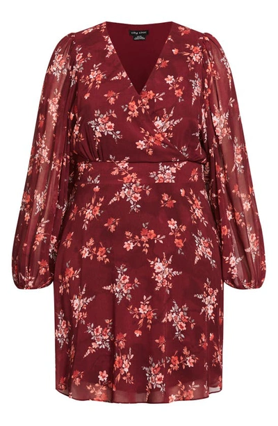 Shop City Chic Tallulah Floral Long Sleeve Faux Wrap Dress In Port Ditsy Bloom