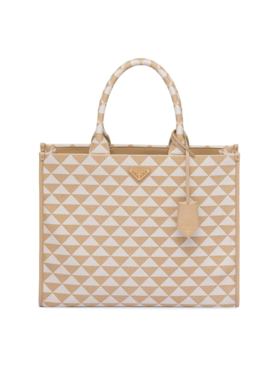 Shop Prada Women's Large Symbole Embroidered Fabric Handbag In Beige