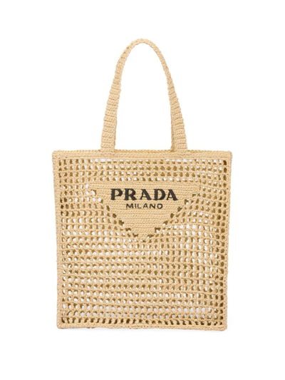 Shop Prada Men's Raffia Tote Bag With Logo In Beige