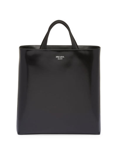 Shop Prada Men's Brushed Leather Tote Bag In Black