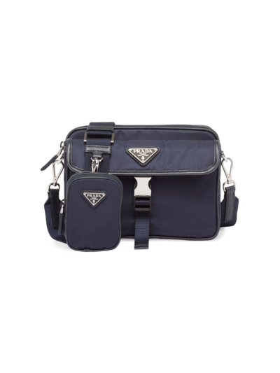 Shop Prada Men's Re-nylon And Saffiano Leather Shoulder Bag In Blue