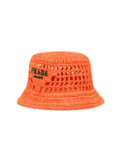 Shop Prada Women's Raffia Bucket Hat In Orange